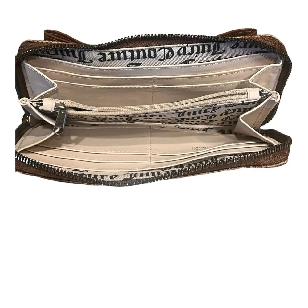 Juicy Couture Monogram Peek A Bow Large Multi Zip Around Wallet brown bow accent